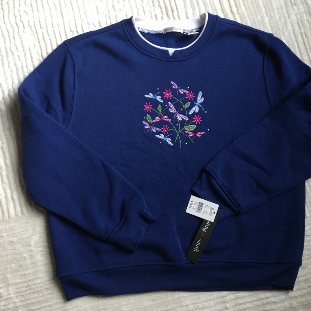 Navy Blue Embroidered Sweatshirt Dragonflies